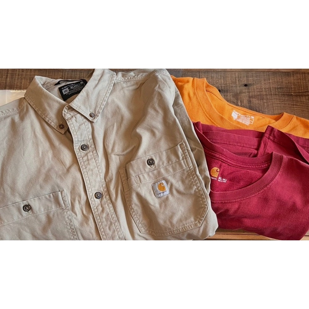 Carhartt Work Shirt 1 Khaki Button Down 2 Long Sleeve TShirts Men's 2XL Lot of 3
